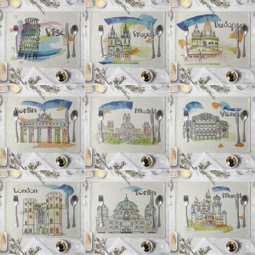 Building Pattern Placemat Dining Table Mat Tea Coaster Cotton Linen Pad Cup Mats Home Decor