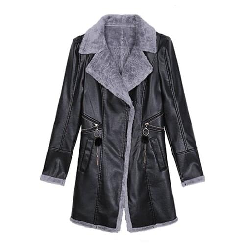 Leather Womens Long Coats Autumn and Winter Warm Slim Ladies Jackets Thin Middle-aged Leather Plus Velvet Women Coats