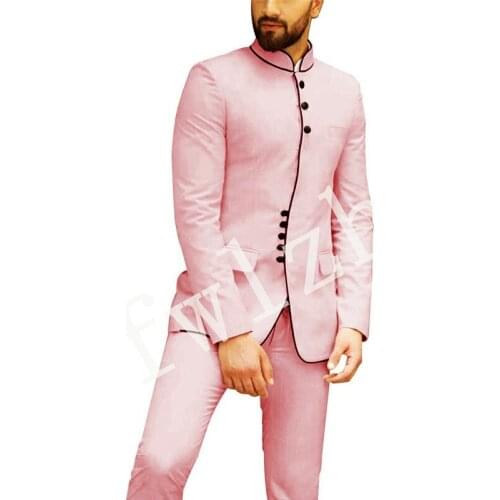 Handsome Groomsmen Mandarin Lapel Groom Tuxedos Wedding Dress Men Suits Blazer Prom Dinner (Jacket+Pants+Tie) K599