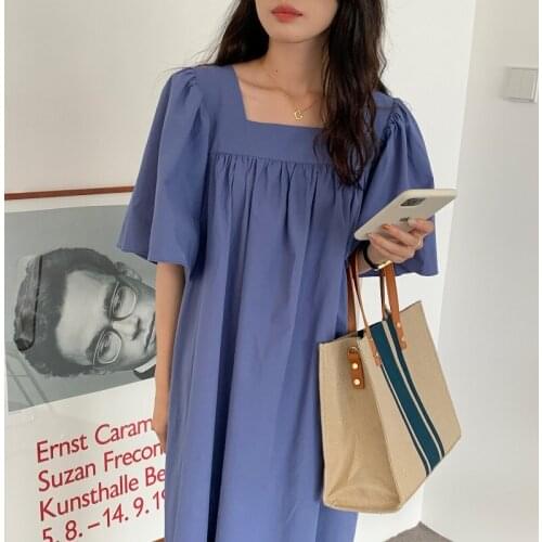 Square Collar Summer Dress Women Loose Oversized Long Midi Dress Elegant Casual Cotton Vintage Harajuku Cotton Party Dress