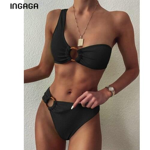 INGAGA Sexy Bikini Set One Shoulder Womens Swimsuits High Waist Swimwear Women 2021 Rings Biquini Ribbed Brazilian Bikinis