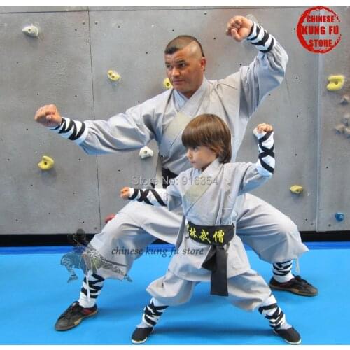 Popular Gray Cotton Shaolin Uniform Wushu Martial arts Suit Buddhist Monk Kung fu Robe Kids Adults Costumes
