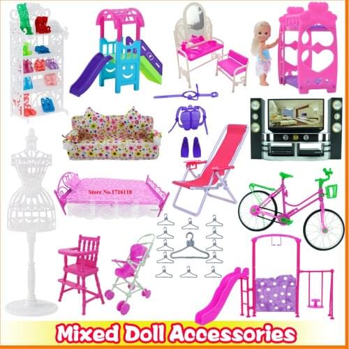 Mixed Doll Accessories Shoes Rack Sofa Beach Chair Pink Bed Mini Dresses Boots Hangers 1:12 Miniature Furniture for Barbie Doll