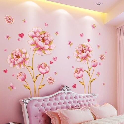 Pink Romantic 3D Wall Stickers Flowers Bedroom Living Room Sofa TV Backdrop Wall Decoration Self Adhesive Decals for Furniture