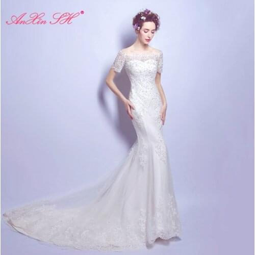 AnXin SH Luxury lace mermaid wedding dress word tail Slim tail White lace wedding dress bride princess wedding dress new 6161