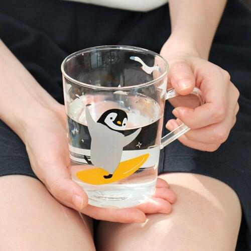 Hand-blown Clear Glass Mugs with Polar Bear or Penguin Pattern Heatproof Coffee Milk Tea Cups with Handle Morning Mug