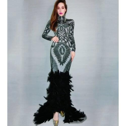 Silver Rhinestone Black Feather Train Long Dress Women Dancer Prom Spandex Rave Outfits Evening Birthday Celebrate Dress XS1994