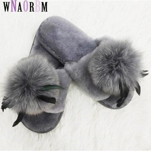 Womens home slippers 100% real sheepskin fur one fashion ladies slip flat laces cute fox fur ball outdoor fur slippers