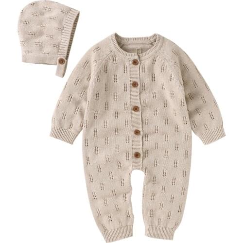 100% Cotton Baby Rompers Newborn Toddler Knitted Long Sleeve Outfits Clothes Infant Jumpsuit Onesies Overalls with Warm Hat