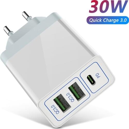 3 USB Fast Charger 30W Support Quick Charge 3.0 Phone Charger Portable USB C PD Charger QC 3.0 For iPhone 12 Pro Xiaomi Huawei