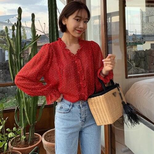 Womens V Neck Floral Printing Blouses Single Breasted Sweet Leisure Long Sleeve Chiffon Shirts