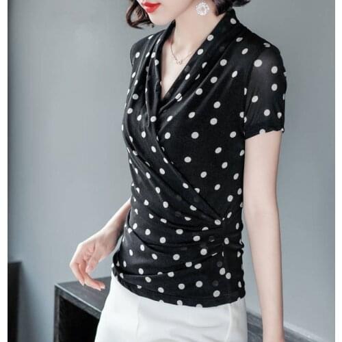 Women Spring Summer Style Lace Blouses Shirts Lady Casual V-Neck Polka Dot Printed Lace Blusas Tops DD8053