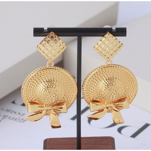 French retro vintage straw hat bow exaggerated long earrings women