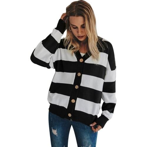 Sexy V-neck Knitted Women Cardigan Casual Buttons Long Sleeve Striped Sweater Outerwear Streetwear Autumn Winter Knit Jacket