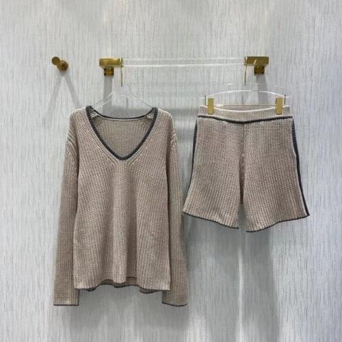 Fyion Knitted Suit Women Solid Pullover V-Neck Long Sleeves + Mini Shorts Lady 2 Piece Sets 2021 Autumn Casual Female Set