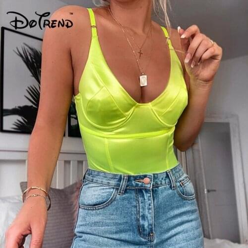 New Arrival 2019 Sexy Neon Green Yellow Bodysuit Women Summer V Neck Backless Spaghetti Strap Club Bodysuits Fashion Body Top