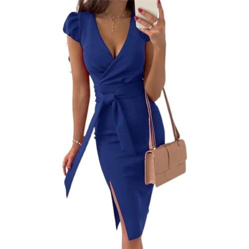 Women Dress Elegant Lace-up Deep V-neck All Match Puff Short Sleeve Split Midi Dress Sundress Lace-up Waist Tight Dress Women