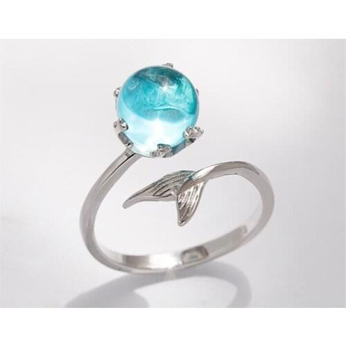 925 Sterling Silver Blue Crystal Mermaid Finger Rings For Women Statement Jewelry Creative Jewelry jz137