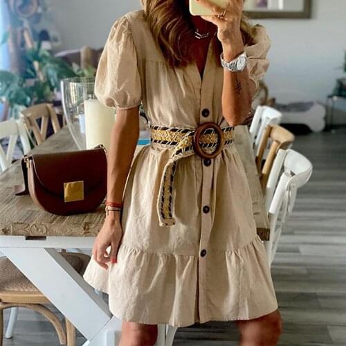 Women Sashes Mini Dress Women Elegant Button Collar Dresses Solid Vestido Female