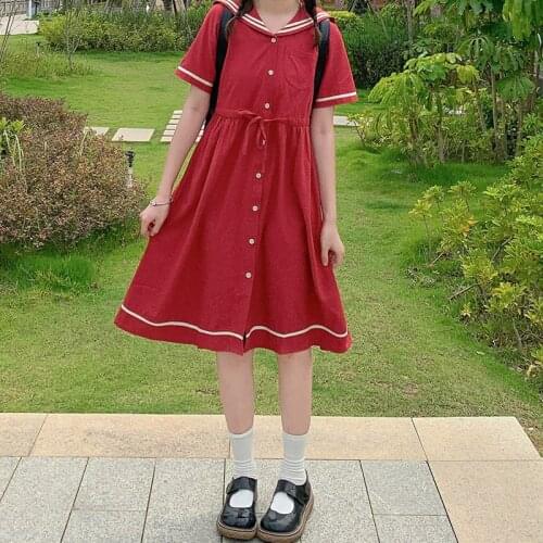 Sweet Girly Single Breasted Dress Women Summer Short Sleeve Lace Up Red Navy Collar College Dresses Vestidos Midi Shirt Dress