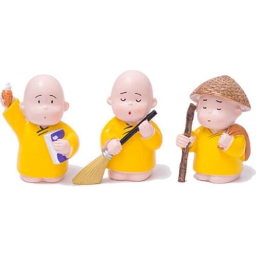 ZOCDOU 3 Pieces Cute Doll Zen Two Little Monk Small Statue Little Figurine Crafts Figure Ornament Miniatures