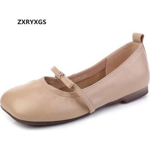 ZXRYXGS Genuine Leather Shallow Mouth Large Size 43 Female Flats 2021 New Rhinestone Bow Womens Leather Shoes Flat Soft Sole