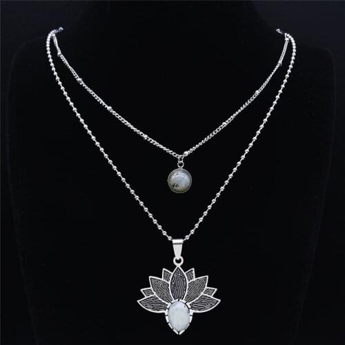 2PCS Flash Stone Stainless Steel Boho Necklaces Silver Color Layered Charms Necklace Jewelry sautoir femme long boheme N3603S04