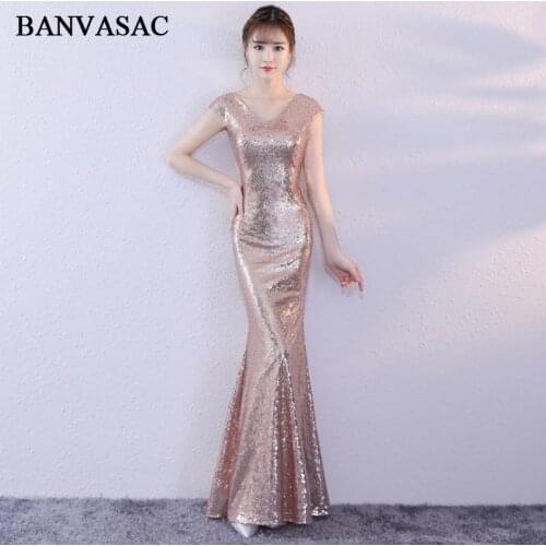 BANVASAC V Neck Short Cap Sleeve Mermaid Long Evening Dresses 2018 Party Sequined Illusion Zipper Back Prom Gowns