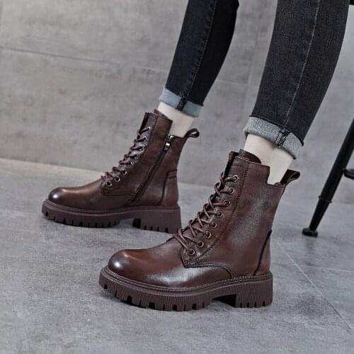 Martin Boots 2021 New Female Soft-soled British Style Short Boots Plus Velvet Genuine Leather Cotton Boots Retro Womens Shoes