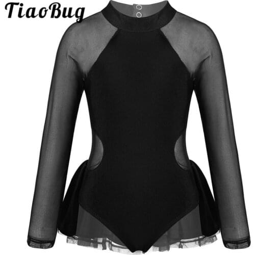 Kids Girls Dance Wear Sheer Long Sleeves Tulle Splice Ruffled Ballet Gymnastics Leotard Jumpsuit Figure Skating Dress Costume