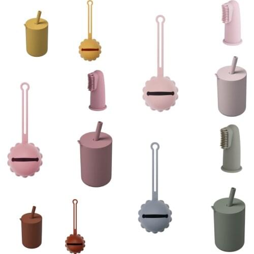 Baby Silicone Sippy Cups Pacifier Holder BPA Free Soft Finger Toothbrush For Children Leakproof Learning Cup Infant Feeding Set