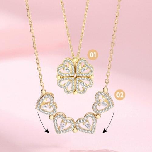 Creativity Small Love Heart Four-Leaf Clover Pendants Necklace For Women 925 Silver Color Rotatable Rings Jewelry Sets 2 Piece