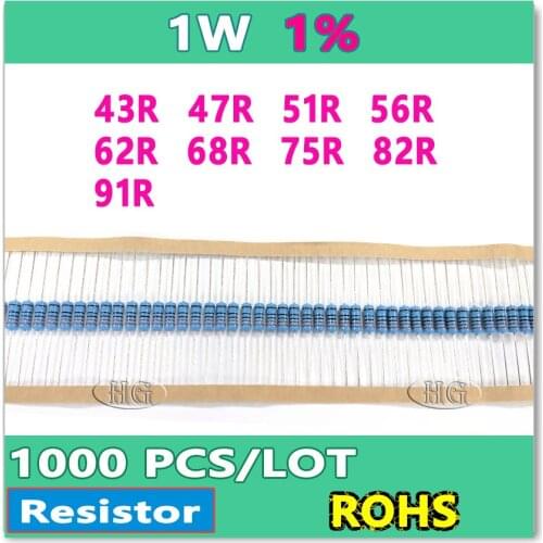 JASNPROSMA 1W 1000PCS/LOT 1% 43R 47R 51R 56R 62R 68R 75R 82R 91R metal film DIP OHM Box packing
