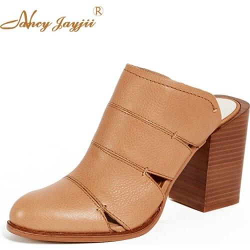 Makeo Brown Woman Slippers Mules Block Chunky Heels Ladies Shoes Sexy Dress Street 2021 Summer Outside Plus Size 45 46 42 Party