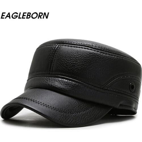 2021 Winter Hat Men Military Cap Dad Hat Faux Leather Caps Thicken Military PU Gorras Cadet Hats for Men Fashion Hat Dad Gift