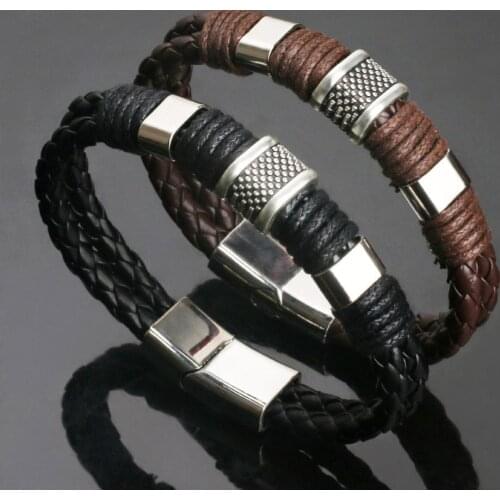 Fashion Stainless Steel Charm Mens Dual Layer Genuine Braided Faux Leather Magnetic Clasp Wrist Bracelet Gift Punk Rock Bangles