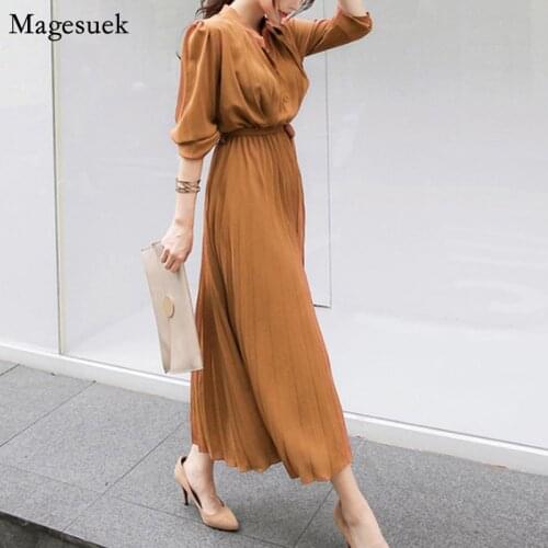 New Long Sleeve Pleated Chiffon Dress Women Elegant Single Breasted Casual Dresses Slim Lace-Up Long Dress Female Vestidos 12377