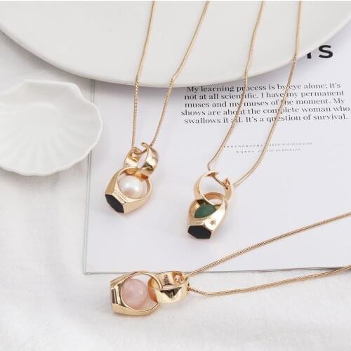 Hexagon Enamel Round Stone Necklace White Green Pink Pendant Shape Charms Collar Gold Fashion Jewelry Gift For Women