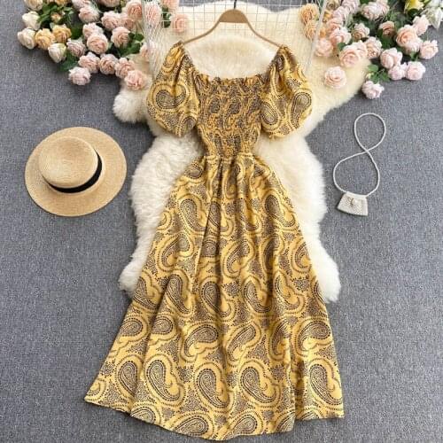 WEIHAOBANG Ladys Print O Neck Slim Holiday Dress Womens Summer 2021 New Bubble Sleeve Elastic Slim Mid Length Dress
