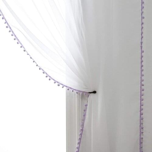 Multi Color Simple White Sheer Curtains for Living Room Kitchen Bedroom Linen Look Pom Pom Tasseled Sheer Curtains