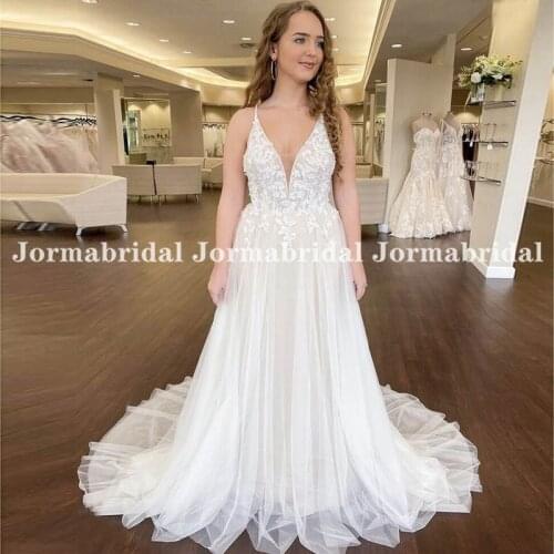 Romantic Boho A Line Wedding Dresses Lace Appliques 2021 Stylish Backless Chapel Train Bridal Gowns Spaghetti Straps Bride Dress