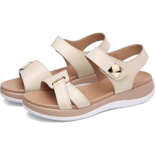 Women Female Ladies Mother Genuine Leather Shoes Sandals Flats Soft Hook Loop Korean Bling Summer Beach Size 35-40
