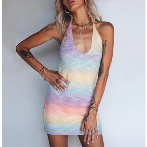 Sexy Bodycon Women Dress Y2K V-Neck Tie-Dye Backless Knitted Dresses Sleeveless Summer Halter Beach Party MIni Dress Vestidos