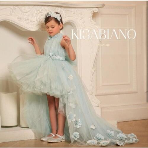 Blue High Low Flower Girl Dresses with Handmade Flowers Sweep Train Girls Birthday Party Dress Christmas First Communion Gowns