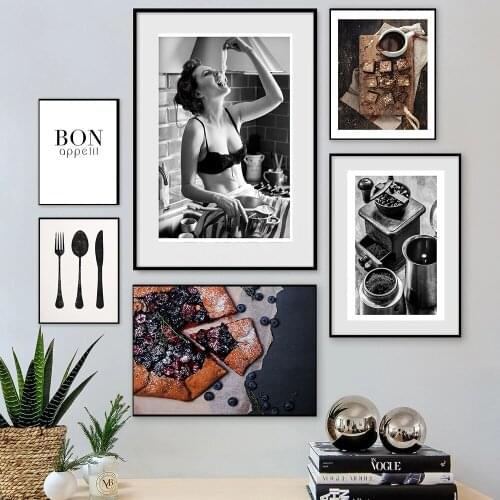 Nordic Sexy Woman Canvas Painting Pizza Coffee Food Black and White Picture Kitchen Restaurant Decoration Posters and Prints
