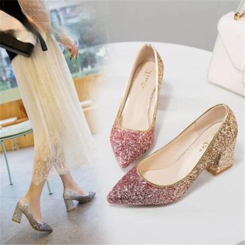 Wedding shoes female silver sequins Gradient high heels women large size pointed thick with heel crystal single shoes bride shoe