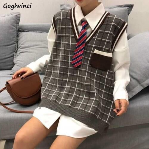 Sweater Vest Womens Students Preppy Style Pockets Loose Leisure V-Neck Plus Size Plaid New Fashion Korean Harajuku Knitted Tops