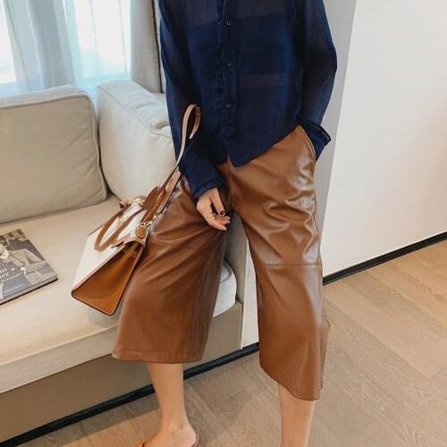 2021 Womens Elastic Wide Loose Patchwork Faux Pu Leather Capris Pants For Spring Female Harajuku Vintage Shorts Clothing E-girl