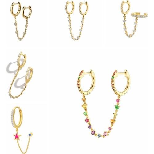 925 Silver Ear Buckle Double Hoop Earrings for Women Rainbow Crystal Chain Earrings Huggie Earrings Females Fashion Jewelry