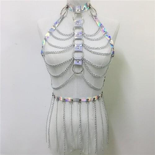 Holographic Leather Hollow Out Two Piece Set Women Goth Link Chains Tank Top Long Tassel Mini Skirts Party Club 2 Piece Outfits